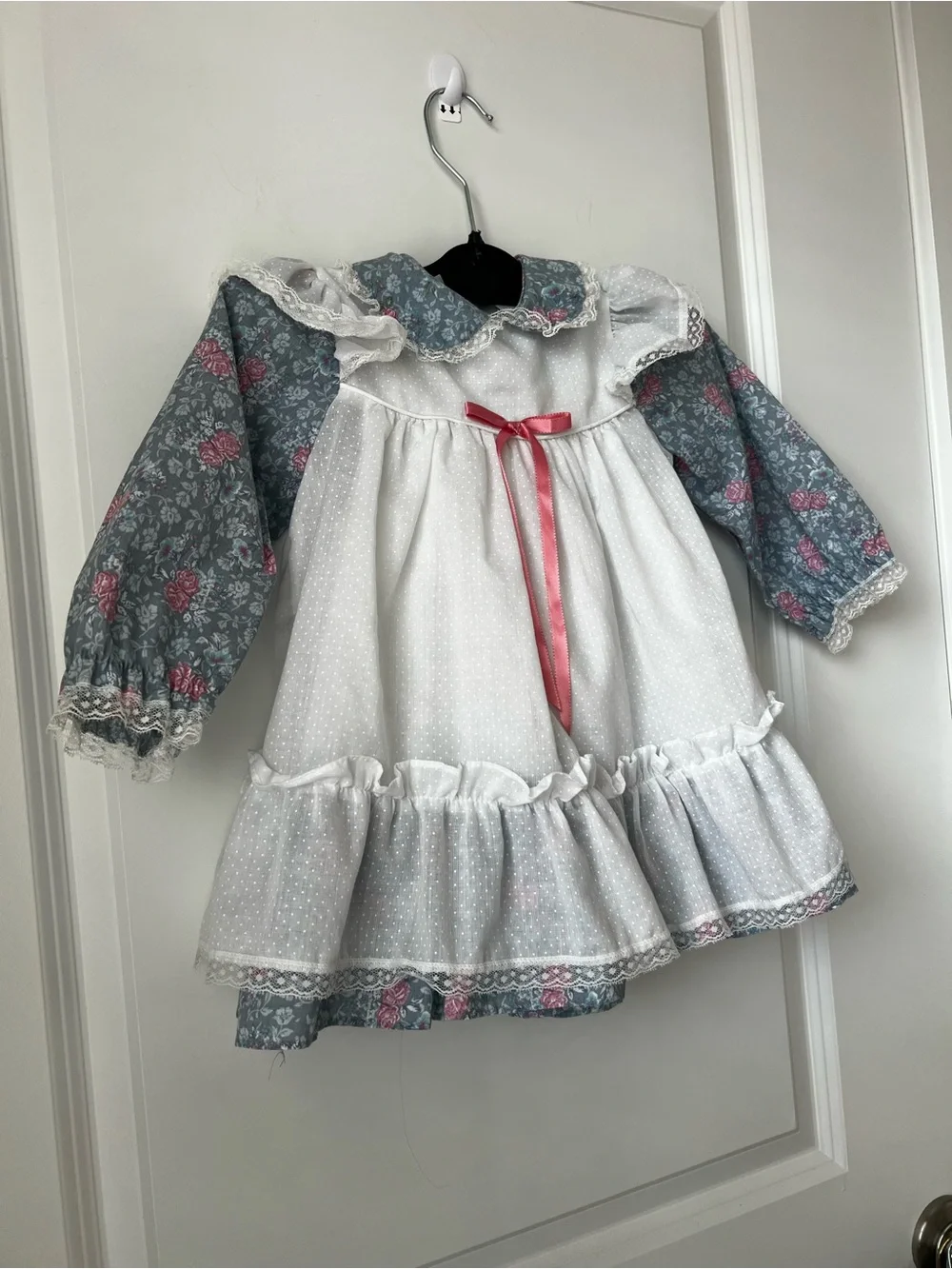 Vitage Peppercorns White & Blue Floral Ruffle Kids Dress with Pink Bow